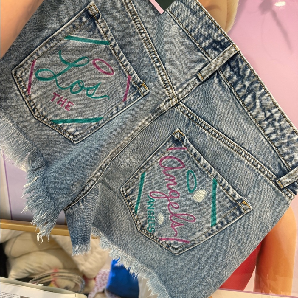 One of a Kind Jean Shorts w/ Hand-painted designs by artist - Picture 6 of 9